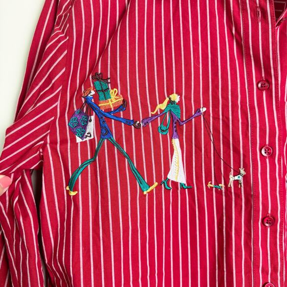 Karen Scott Red Stripe holiday christmas shipping theme button down top LARGE - Picture 8 of 8